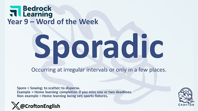 CroftonEnglish's tweet photo. Our @SchoolCrofton KS3 Words of the Week this week are: perceive and sporadic. 

Our MFL Word of the Week is: jetzt. German for 'now'.

Thank you @Bedr0ckLearning for generating knowledge organisers of the words our students are currently learning.

https://t.co/6ACEmUU2CW https://t.co/fCpDcBp3BA