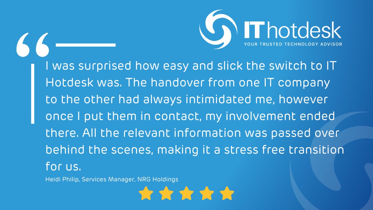 ITHotdesk's tweet photo. We're thrilled to share this fantastic testimonial from a valued client! 🌟

Curious about the simplicity of switching IT providers? Learn more here: https://t.co/wtw2CJSGfd https://t.co/pVIARL06Fu