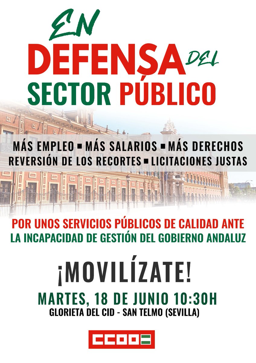 * Prohibir las ofertas temerarias y a la baja.
* Mayor responsabilidad y transparencia del Gobierno andaluz para no  precarizar más el empleo público.
📢Por todo ello, mañana 18 de junio, MOVILIZATE‼️