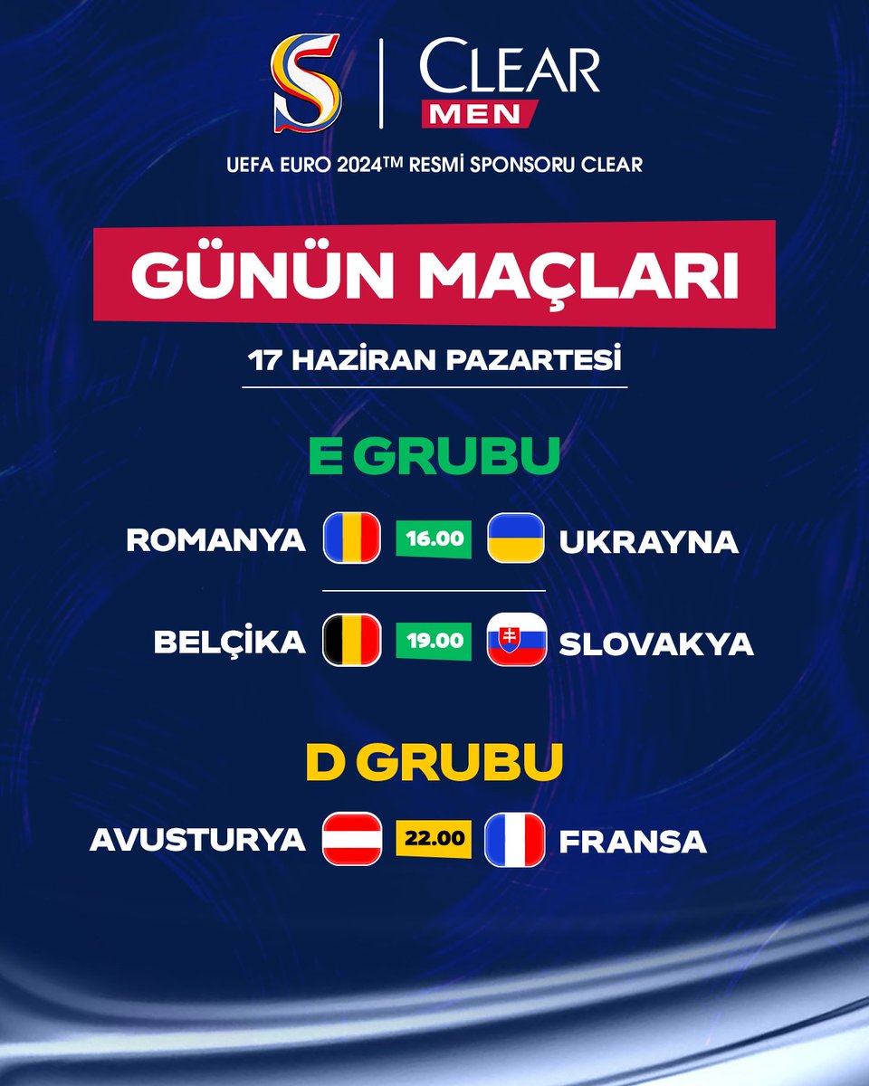 Socrates (@socratesdergi) on Twitter photo ⚽ Günün maçları. #EURO2024
🇷🇴 Romanya x Ukrayna 🇺🇦 | 16.00
🇧🇪 Belçika x Slovakya 🇸🇰 | 19.00
🇦🇹 Avusturya x Fransa 🇫🇷 | 22.00
<a href="/ClearTurkiye/">Clear Türkiye</a> #ClearİleKafanRahat #Sponsor ⚽ Günün maçları. #EURO2024
🇷🇴 Romanya x Ukrayna 🇺🇦 | 16.00
🇧🇪 Belçika x Slovakya 🇸🇰 | 19.00
🇦🇹 Avusturya x Fransa 🇫🇷 | 22.00
<a href="/ClearTurkiye/">Clear Türkiye</a> #ClearİleKafanRahat #Sponsor