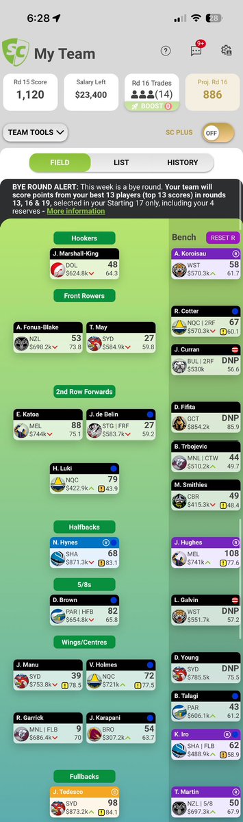 HookedOnSC's tweet photo. #NRLSupercoach 🚨 Team Update 🚨
1120 in #RD15 saw a 🟢 up to 422 overall.
With 15 players pre-trades, looking for another green arrow in the second major bye round of the year 🏉
Team is almost set, need to save trades… down to 14 😅 https://t.co/QdVvlNRX6r