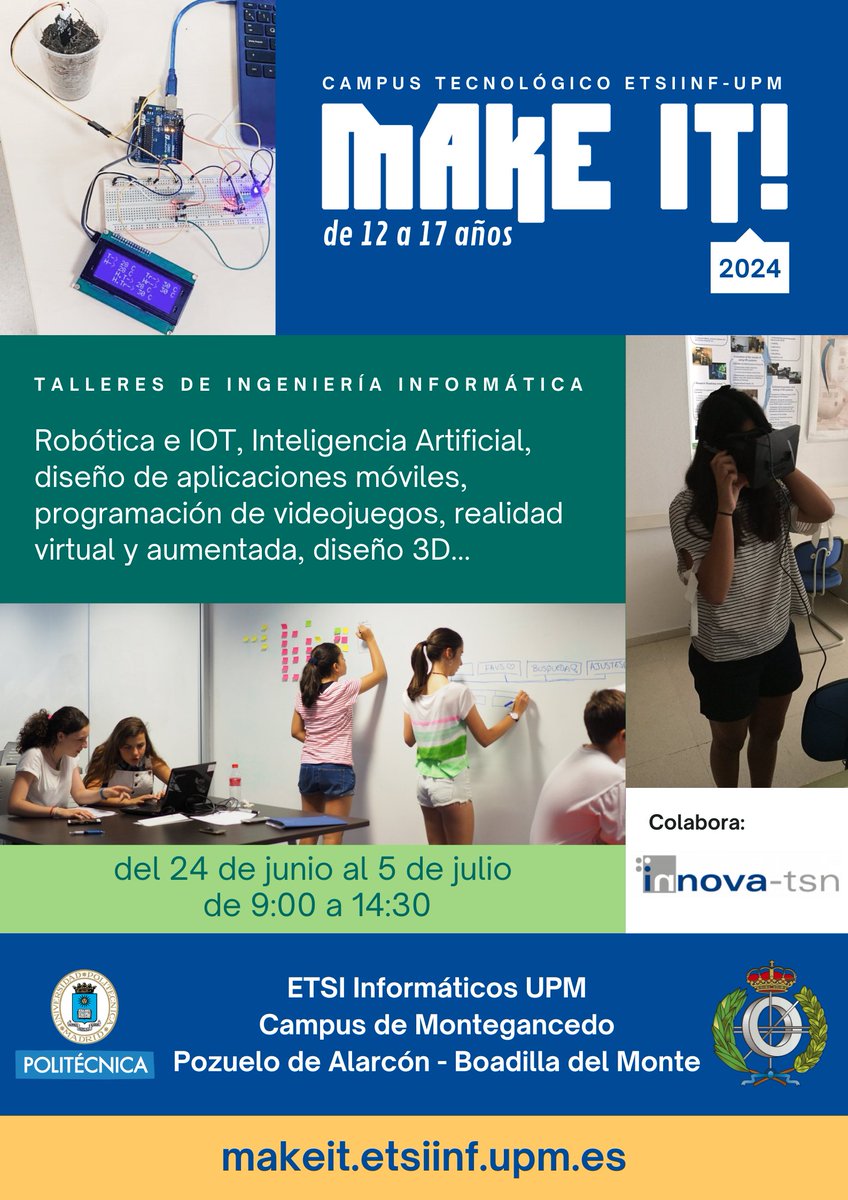 Make IT! (@makeitupm) on Twitter photo 🤖 ¡Solo queda una semana para Make IT 2024! 🤖
Aún estáis a tiempo de inscribiros en cualquiera de las dos semanas del campus: fi.upm.es/web/makeit/ 🤖 ¡Solo queda una semana para Make IT 2024! 🤖
Aún estáis a tiempo de inscribiros en cualquiera de las dos semanas del campus: fi.upm.es/web/makeit/