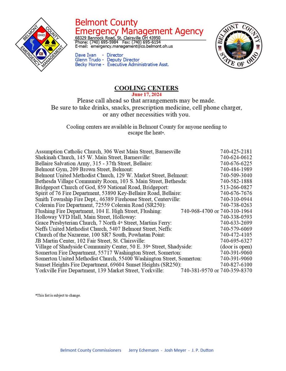 belmont_ema's tweet photo. Updated Cooling Shelters for Belmont County (6/17/24) https://t.co/AyS1kL1jh5