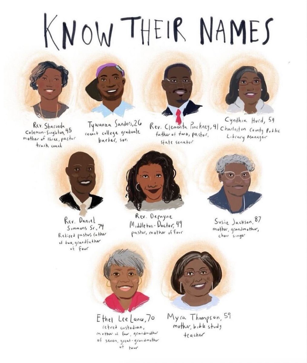 9 years ago today, a white supremacist took the lives of 9 people at the Emanuel AME Church, the oldest AME church in the southern U.S.

These are the names, among many, that push us to fight even harder for racial justice and gun control.

🎨: @/blackartanddesign on Instagram