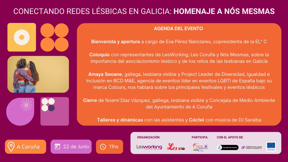 LesWorking (@lesnetworking) on Twitter photo 🌈 Os dejamos la agenda del evento que tendrá lugar el sábado, 22 de junio en A Coruña.
LesWorking y Les Coruña se unen para rendir homenaje a la asociación feminista @Nosmesmas
🔗Registro y más detalles: lesworking.com/inicio/actuali…
Apoyo de <a href="/ConcelloCoruna/">Concello da Coruña</a> y <a href="/EuroLesbianCon/">EL*C - EuroCentralAsian Lesbian* Community</a> 🌈 Os dejamos la agenda del evento que tendrá lugar el sábado, 22 de junio en A Coruña.
LesWorking y Les Coruña se unen para rendir homenaje a la asociación feminista @Nosmesmas
🔗Registro y más detalles: lesworking.com/inicio/actuali…
Apoyo de <a href="/ConcelloCoruna/">Concello da Coruña</a> y <a href="/EuroLesbianCon/">EL*C - EuroCentralAsian Lesbian* Community</a>