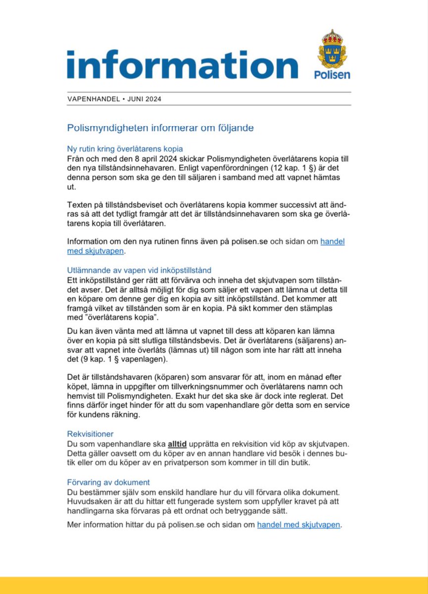 PiaClerte's tweet photo. Den 17 juni finner Polismyndigheten tid att informera vapenhandlare om ändringar i sina rutiner som började gälla den 8 april.

Ändringar som ökar risken för bedrägerier samtidigt som myndigheten påpekar att det är vapenhandlarens ansvar att inte felaktigt lämna ut ett vapen. https://t.co/ogqtxTkMR6