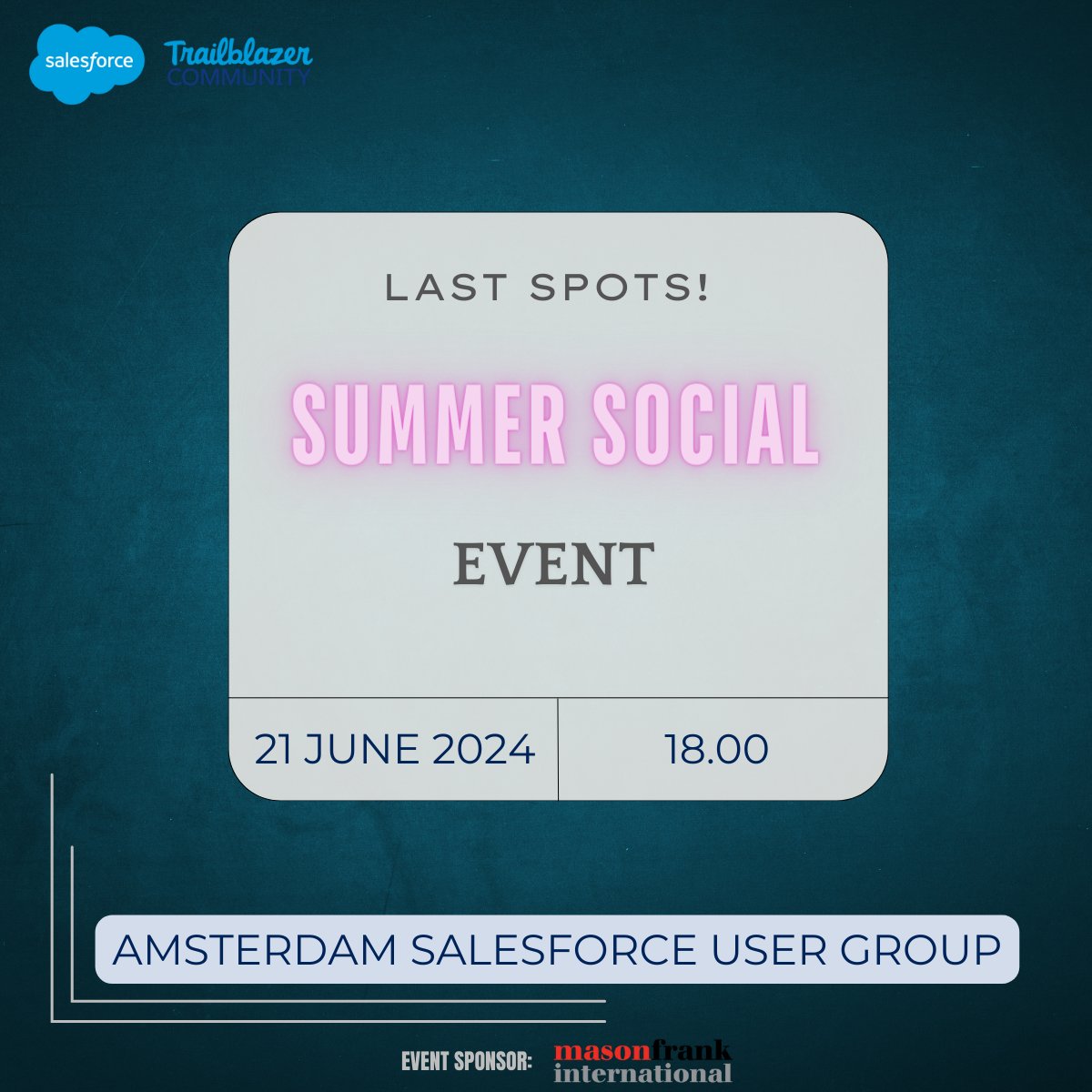 Final Reminder: Limited spots Available!
Join us this Friday for the Summer Social, proudly sponsored by <a href="/mason_frank/">Mason Frank ☁️</a> !

📍 Location: Pension Homeland 
🎟️ Register: lnkd.in/euBjXKsF

<a href="/JustynaAnnaK/">JustynaK</a> | <a href="/AndreKampen/">Andre van Kampen</a> | @SennaBayram
#Salesforce #DutchSFCommunity
