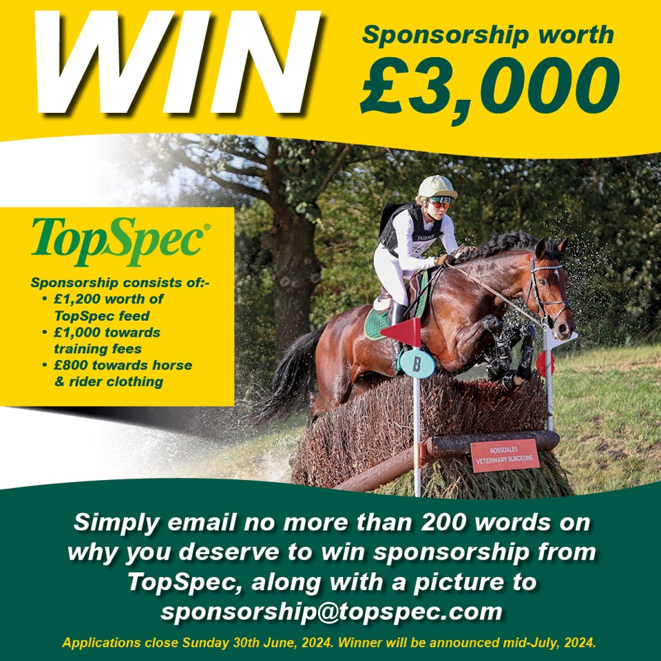 How would you like to become part of #TeamTopSpec? We are giving one lucky follower the chance to WIN £3,000 worth of sponsorship!

The competition is open to everyone of any age, ability and discipline.

Good Luck!
💛💚💛
#Sponsorship
Applications closes Sunday June 30, 2024.