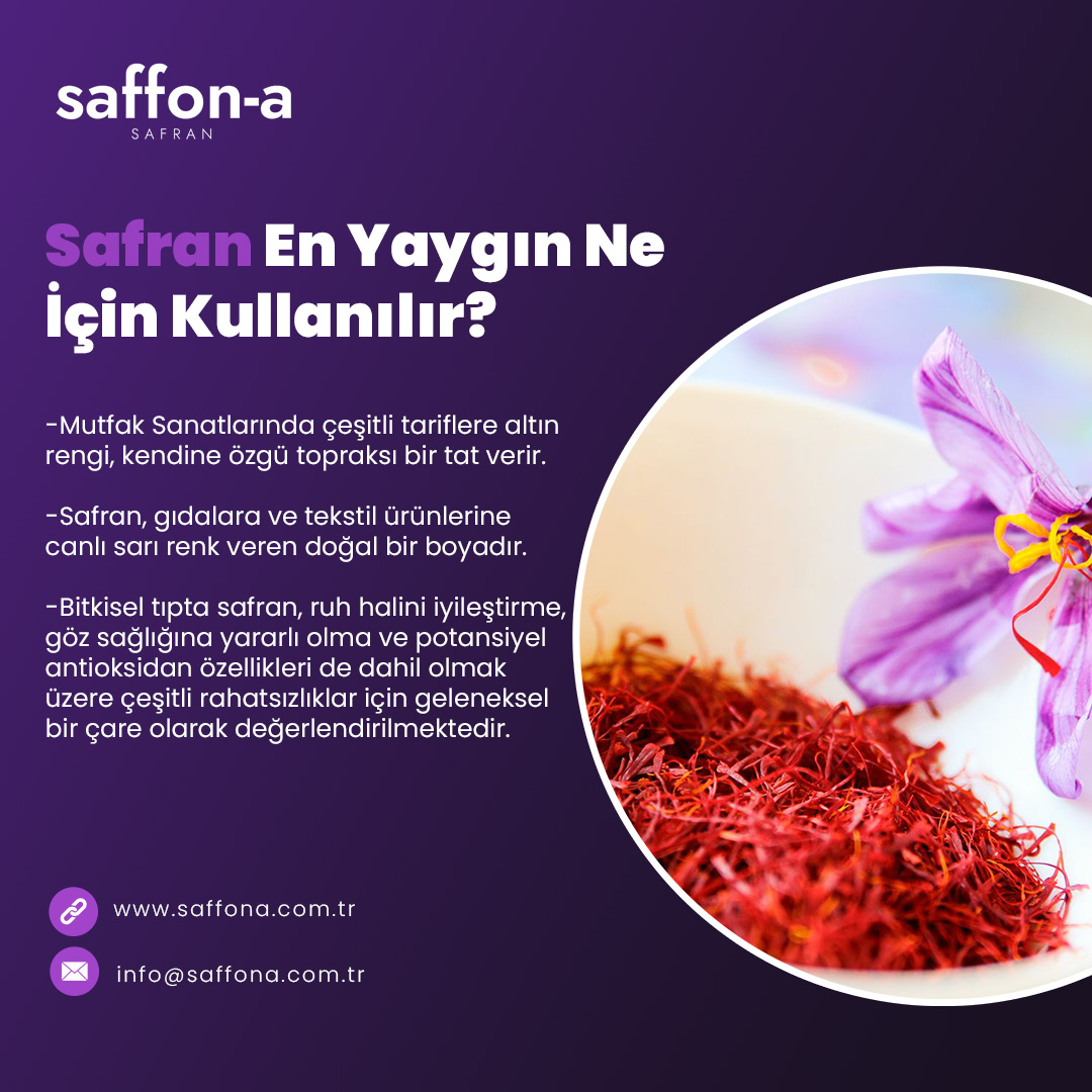 🌸 Safran En Yaygın Ne İçin Kullanılır? 🌸

Mutfak sanatlarında çeşitli tariflere altın rengi, kendine özgü topraksı bir tat verir.
Safran, gıdalara ve tekstil ürünlerine canlı sarı renk veren doğal bir boyadır.
Bitkisel tıpta safran, ruh halini iyileştirme, göz sağlığına yararlı