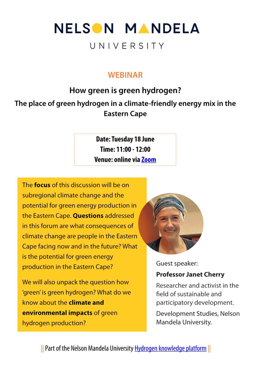 3rd Webinar on Green Hydrogen hosted by <a href="/MandelaUni/">Mandela University</a> <a href="/MandelaUniCCT/">Mandela Uni CCT</a> 

Zoom link:

mandela.zoom.us/j/95504488848?…