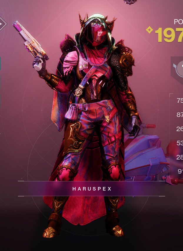 itsERnotOR's tweet photo. @Muffin_Bandit_ I don’t have a picture of the appearance screen, but here’s mine! Shader is Magical Transformation, with Contender Mask, Unyielding Favor Grips and Legs, Empyrean Cartographer Vest, and Relativism Cloak! https://t.co/LWc5oFjxVN