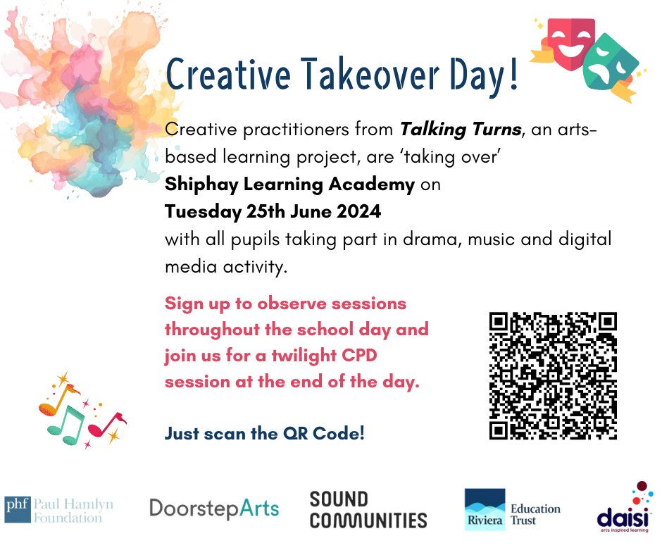 Still some places available at our Creative Takeover Day on 25th June.  Open to all Torbay and Talking Turns schools.  Scan the QR code below or sign up here: forms.office.com/pages/response…