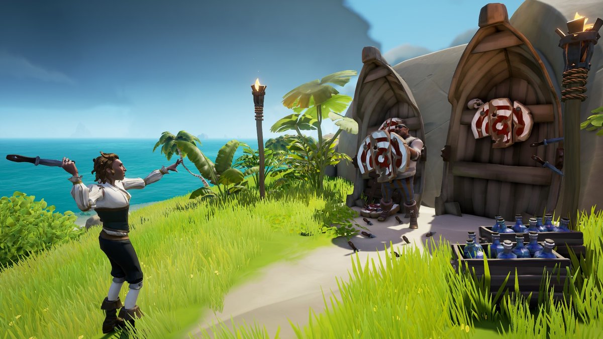 #SoTShot <a href="/SeaOfThieves/">Sea of Thieves</a> Grog Guzzling entry

Who said throwing knives and drinking grog don't go well together? I'll hit this next one for sure!