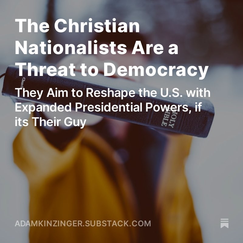 Would an America run under these principles differ much from, say, Saudi Arabia, where a conservative reading of the Koran dictates governance? I fear the answer would be, “Not much.”  My latest:

adamkinzinger.substack.com/p/the-christia…