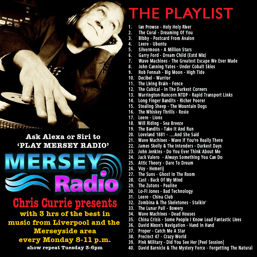 Chris Currie (@currieradioshow) on Twitter photo WooHoo - more musical medication on <a href="/MerseyRadio/">Mersey Radio</a> 8-11pm - Feat. Album: Wave If You're Really There by <a href="/WaveMachines/">Wave Machines</a> + Feat. Artist: Leere
ASK YOUR SMART SPEAKER to 'PLAY MERSEY RADIO'
@RuncornPlan <a href="/steaminkettlepr/">Steaming Kettle PR</a> <a href="/ModernSkyUK/">摩登天空Modern Sky</a> <a href="/JackValeroMusic/">Jack Valero</a> <a href="/ChinaCrisisUK/">China Crisis</a> <a href="/Silvermoon_UK/">Silvermoon</a> WooHoo - more musical medication on <a href="/MerseyRadio/">Mersey Radio</a> 8-11pm - Feat. Album: Wave If You're Really There by <a href="/WaveMachines/">Wave Machines</a> + Feat. Artist: Leere
ASK YOUR SMART SPEAKER to 'PLAY MERSEY RADIO'
@RuncornPlan <a href="/steaminkettlepr/">Steaming Kettle PR</a> <a href="/ModernSkyUK/">摩登天空Modern Sky</a> <a href="/JackValeroMusic/">Jack Valero</a> <a href="/ChinaCrisisUK/">China Crisis</a> <a href="/Silvermoon_UK/">Silvermoon</a>