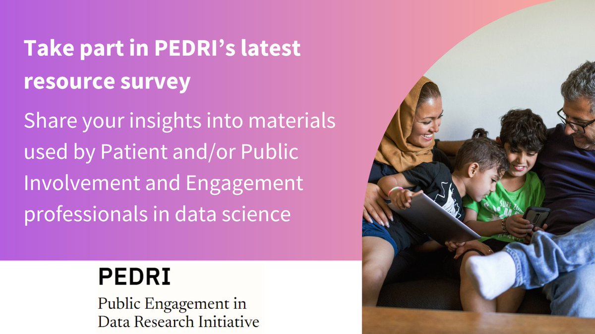 HDR_UK's tweet image. 📋 Are you a #DataScience professional or researcher involved in Public Involvement and Engagement (PIE)?
Complete PEDRI's survey to help us identify existing PIE resources and shape an online hub for PIE best practice in data research and statistics.
🔗 hubs.li/Q02C1SbY0