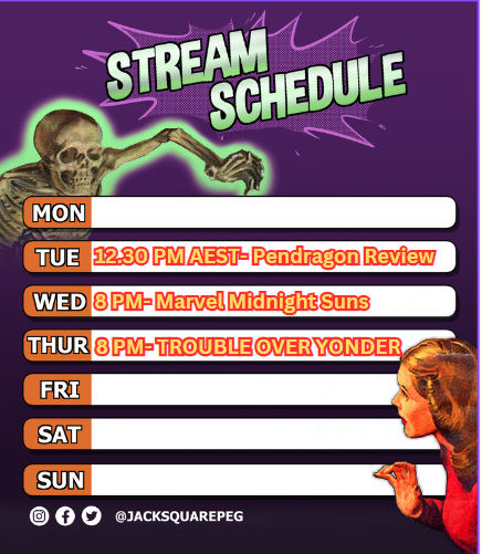 JackSquarePeg's tweet photo. New stream schedule! See y'all tomorrow for #PENDRAGON, then some Midnight Suns goodness and EPISODE 3 of TROUBLE OVER YONDER, my Cowboy #callofcthulhu show! xx
#chaosium #troubleoveryonder #marvelmidnightsuns #pulpcthulhu #downdarkertrails https://t.co/qtVn0ZXnN5