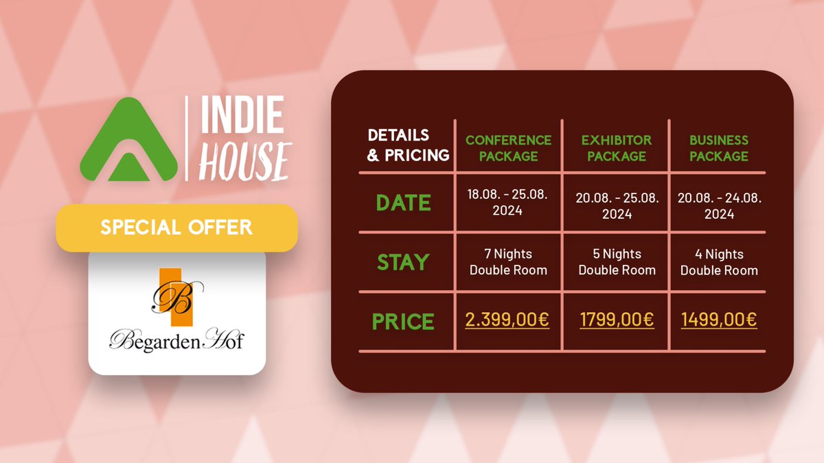 INDIEHubNetwork's tweet photo. 🏡 INDIE House Option✨

Hotel Begardenhof available until June 30. 

3 different packages designed to fit your schedule and needs!

🔍 More details: https://t.co/GtxFkrwpVf

#GamingEvent #GameDev #IndieGames #Indiedev #Gameindustry #gamescom2024 #devcom2024 #gamecommunity https://t.co/xiaMX6yMSs