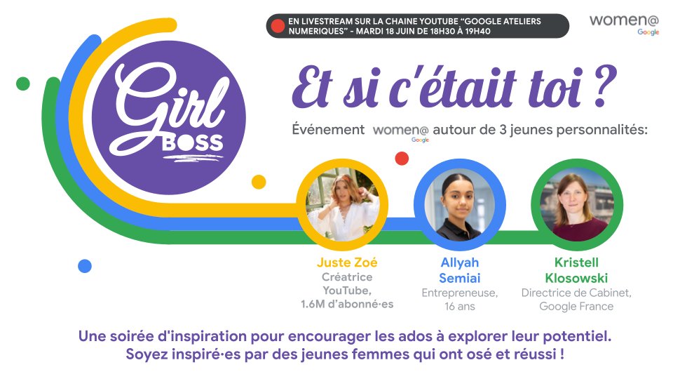 "Et si c'était toi ?"  le futur de l'entrepreneuriat ⁉️
 
🎧 Viens écouter les parcours inspirants et uniques de 3 jeunes personnalités demain soir, de 18h30 à 19h30, sur la chaine YouTube "Google Ateliers Numériques" pour l'évènement Girl Boss diffusé en live.
 
Lien en comm 😉