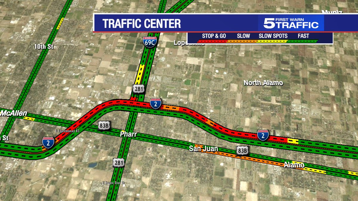 {8:40AM Mon} A crash was reported on westbound I-2 in the San Juan area. Expect major delays from McColl to near Alamo Rd.  #rgv #rgvwx