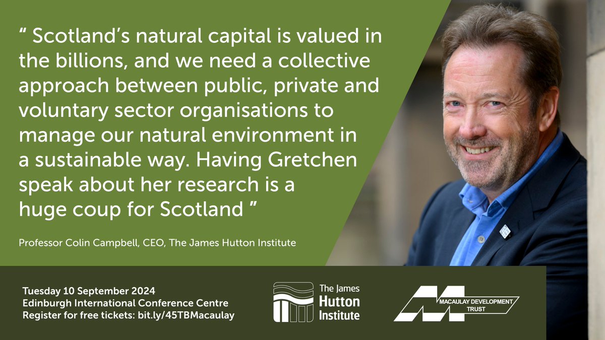The 45th #TBMacLecture, with Prof Gretchen C. Daily, takes place on September 10 (<a href="/MacaulayDvTrust/">Macaulay Development Trust</a>).

Gretchen will bring to life the growing movement to bring the values of earth’s lands, waters, &amp; biodiversity into the mainstream of decision-making.

🎫: bit.ly/3VFbnRz
