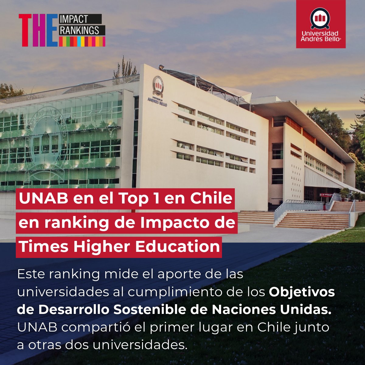 uandresbello's tweet image. #OrgulloUnab 🙌 La @uandresbello nuevamente es reconocida dentro de las mejores de Chile en el Impact Rankings 2024 de Times Higher Education, por su compromiso con los Objetivos de Desarrollo Sostenible (ODS) de las Naciones Unidas 🌎

La casa de estudios compartió el primer…