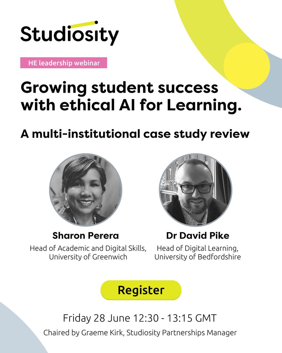 Studiosity (@studiosity) on Twitter photo Lunchtime online discussion: join <a href="/tech_pike/">Dr David Pike</a> <a href="/uniofbeds/">uniofbeds</a> & Sharon Perera <a href="/UniofGreenwich/">Uni of Greenwich</a>, who will share improvements in student engagement, learning outcomes & academic success after implementing Studiosity's ‘AI for Learning’ technology.
Register now ⬇️
us02web.zoom.us/webinar/regist… Lunchtime online discussion: join <a href="/tech_pike/">Dr David Pike</a> <a href="/uniofbeds/">uniofbeds</a> & Sharon Perera <a href="/UniofGreenwich/">Uni of Greenwich</a>, who will share improvements in student engagement, learning outcomes & academic success after implementing Studiosity's ‘AI for Learning’ technology.
Register now ⬇️
us02web.zoom.us/webinar/regist…