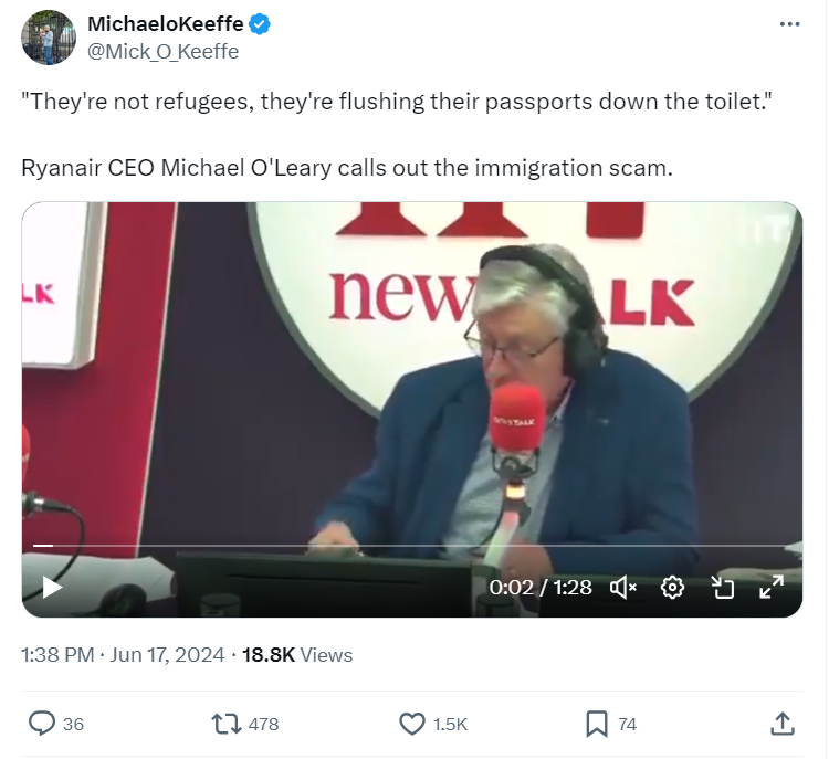 I see the far-right's new favourite person is Michael O'Leary, after his comments this morning. 

Those comments, incidentally, show he knows nothing whatsoever about the asylum process.

I'll go through what he said and what it would mean in practice if it were to be done. /1