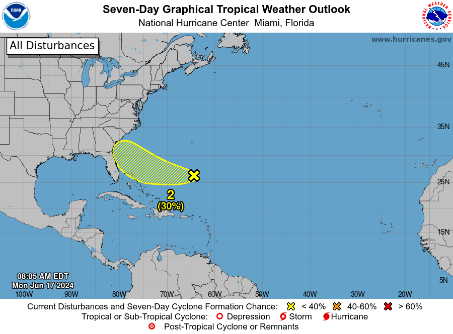 NHC_Atlantic's tweet photo. Mon am 6/17: NHC is watching 2 systems for possible development.  The SW Gulf of Mexico system is likely to become a tropical depression or tropical storm by midweek while it moves slowly westward or west-northwestward toward the western Gulf coast. (70% chance).  The SW Atlantic has a low formation chance (30%) as it approaches the coast of the southeast United States on Thursday or Friday. More: https://t.co/Wq6ZtKgfeH