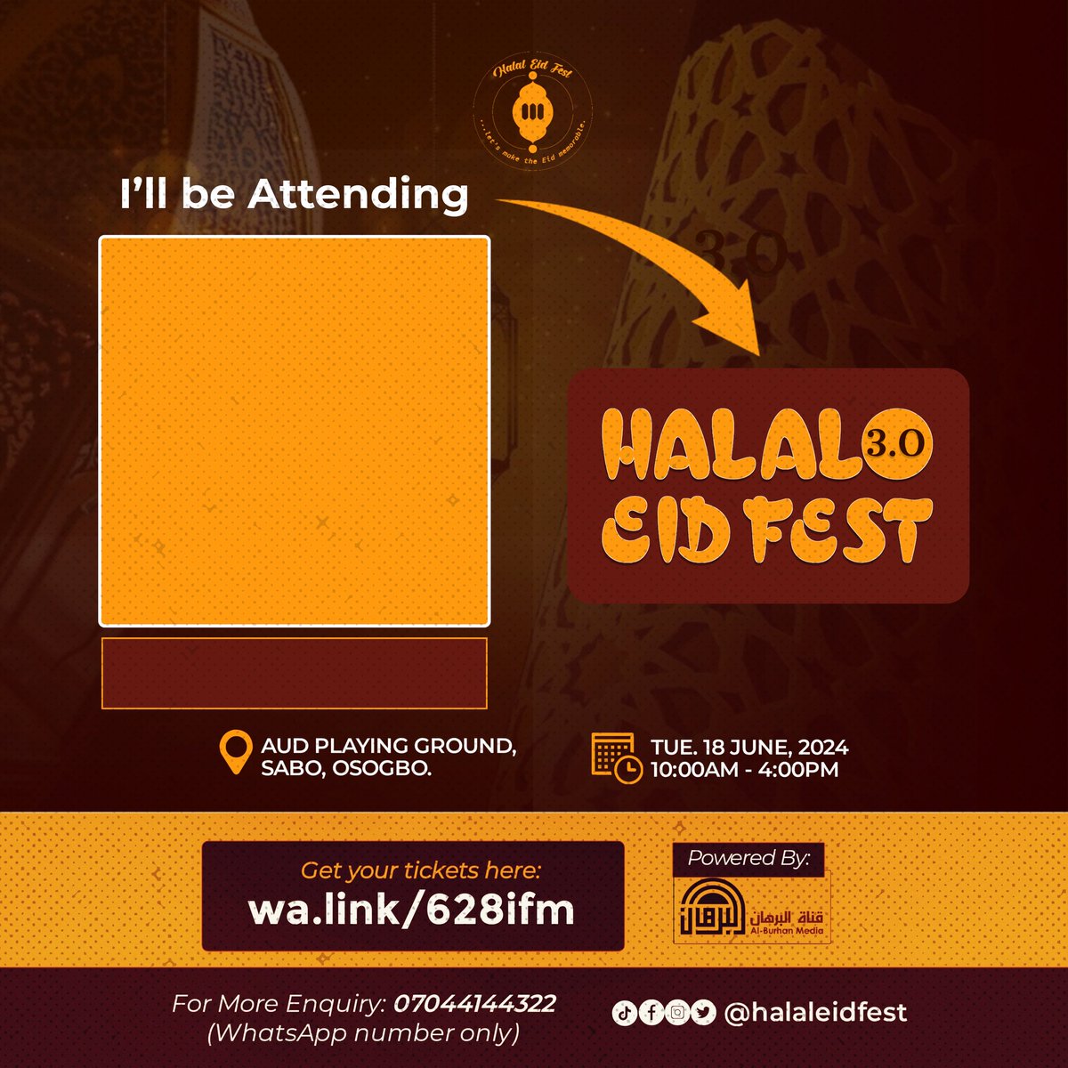HalalEidFest's tweet photo. It's time to spread the word! 🤩 Click this link to upload your name and photo and get your 'I will be attending' DP: https://t.co/E1vYKhMxKP

Let's celebrate together at Halal Eid Fest 3.0! @halaleidfest

🎗️ Get your tickets today: https://t.co/17EGLNWtCZ
Keeping Eid Halal 🤩🚀 https://t.co/0wkYig7zEd