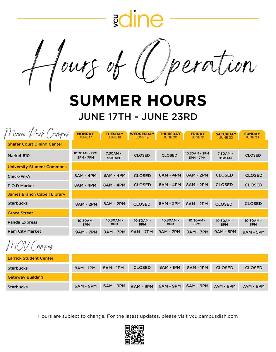 VCU Dining Services (@vcu_dining) on Twitter photo Hours for June 17-23.๐ป #VCU #VCURams Hours for June 17-23.๐ป #VCU #VCURams