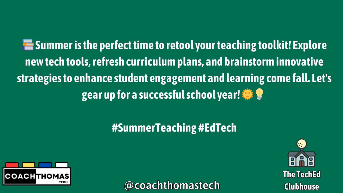 coachthomastech's tweet image. 📚 Summer is the perfect time to retool your teaching toolkit! Explore new tech tools, refresh curriculum plans, and brainstorm innovative strategies to enhance student engagement and learning come fall. Let&apos;s gear up for a successful school year! 🌞💡 #SummerTeaching #EdTech