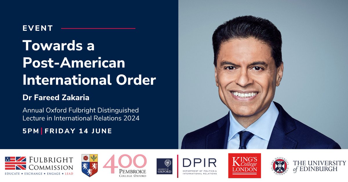 Oxford Politics and IR (@politics_oxford) on Twitter photo The recording of the 2024 Fulbright Distinguished Lecture, which took place on Friday <a href="/PembrokeOxford/">Pembroke College</a>, is available! <a href="/FareedZakaria/">Fareed Zakaria</a>'s delivered the lecture 'Towards a Post-American International Order'.
🎥ow.ly/BehZ50SjVZu
<a href="/USUKFulbright/">US-UK Fulbright</a> <a href="/FulbrightAssoc/">Fulbright Association</a> <a href="/Roth_Foundation/">Lois Roth Foundation</a> The recording of the 2024 Fulbright Distinguished Lecture, which took place on Friday <a href="/PembrokeOxford/">Pembroke College</a>, is available! <a href="/FareedZakaria/">Fareed Zakaria</a>'s delivered the lecture 'Towards a Post-American International Order'.
🎥ow.ly/BehZ50SjVZu
<a href="/USUKFulbright/">US-UK Fulbright</a> <a href="/FulbrightAssoc/">Fulbright Association</a> <a href="/Roth_Foundation/">Lois Roth Foundation</a>