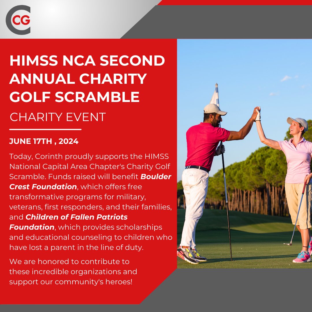CorinthCG's tweet photo. Today, Corinth proudly supports the HIMSS NCA Charity Golf Scramble. Honored to contribute to Boulder Crest Foundation and Children of Fallen Patriots Foundation, dedicated to transforming lives and supporting our heroes and their families. 
#CorinthCares #CharityEvent https://t.co/lLNWgC4sCC