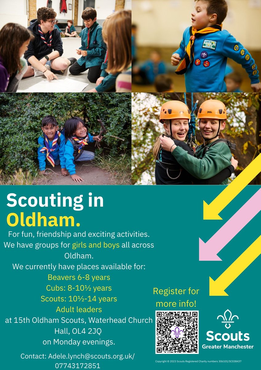 Adele & Beth Scouts (@gmscoutslgo) on Twitter photo We had a brilliant Open Evening last week! Don't worry if you missed it - you are welcome to come to our taster sessions starting TONIGHT!
Contact: Adele.lynch@scouts.org.uk/07743172851 for more info or register using the QR code.
<a href="/OldhamCouncil/">Oldham Council</a> <a href="/OldhamScouts/">Oldham Scouts</a> We had a brilliant Open Evening last week! Don't worry if you missed it - you are welcome to come to our taster sessions starting TONIGHT!
Contact: Adele.lynch@scouts.org.uk/07743172851 for more info or register using the QR code.
<a href="/OldhamCouncil/">Oldham Council</a> <a href="/OldhamScouts/">Oldham Scouts</a>