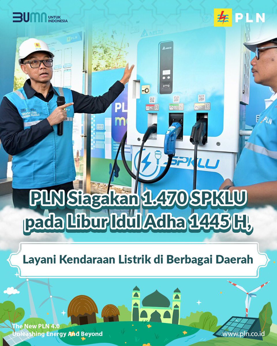 _pln_id's tweet photo. Electrizen, PLN menyiagakan 1.470 Stasiun Pengisian Kendaraan Listrik Umum (SPKLU) untuk mendukung kelancaran arus mudik dan balik dalam momen libur Idul Adha 1445 H.

#PLNSiagaIdulAdha #PLNSiagaIdulAdha1445H https://t.co/G9mLvuK9IO