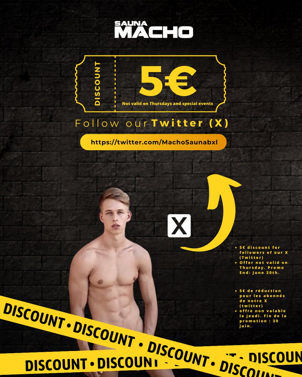 MachoSaunabxl's tweet photo. From the 17th to the 23rd of June, follow our page on Twitter (X) and get €5 off entry to Sauna Macho. Promotion valid only on normal weekdays except Thursday. We wait for you! https://t.co/uqAjcnrT4L https://t.co/oq82iie9RS