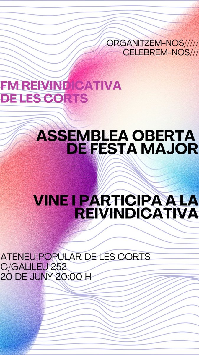 ➡️Vols organitzar la millor Festa Major de tots els Països Catalans?

➡️Vols formar part d'una festa autoorganitzada i reivindicativa?

Vine a l'assemblea oberta de la Festa Major Reivindicativa de Les Corts!🤩

📍Ateneu Popular de Les Corts, C/Galileu 252
📆20 de Juny
⏰20h