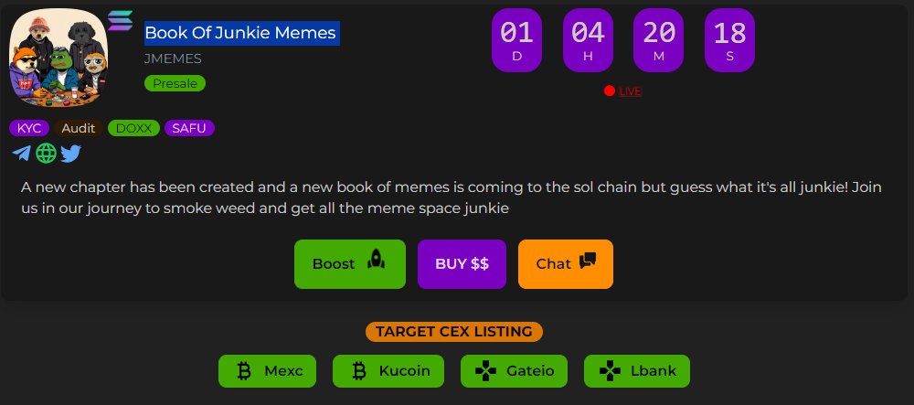 BullishMarktCap's tweet photo. 🐬💥🐬 #Book Of Junkie Memes(@bookofjunkiemem) listed on
@BullishMarktCap.
🔥Target Exchanges: Mexc, Gateio, Kucoin ,Lbank
💥Launchpad: #pinkecosystem
👉Boost up: https://t.co/4tWgSACnd2
#mexc #kucoin #bitmart #Gateio #mexc https://t.co/jzgNMiCYep