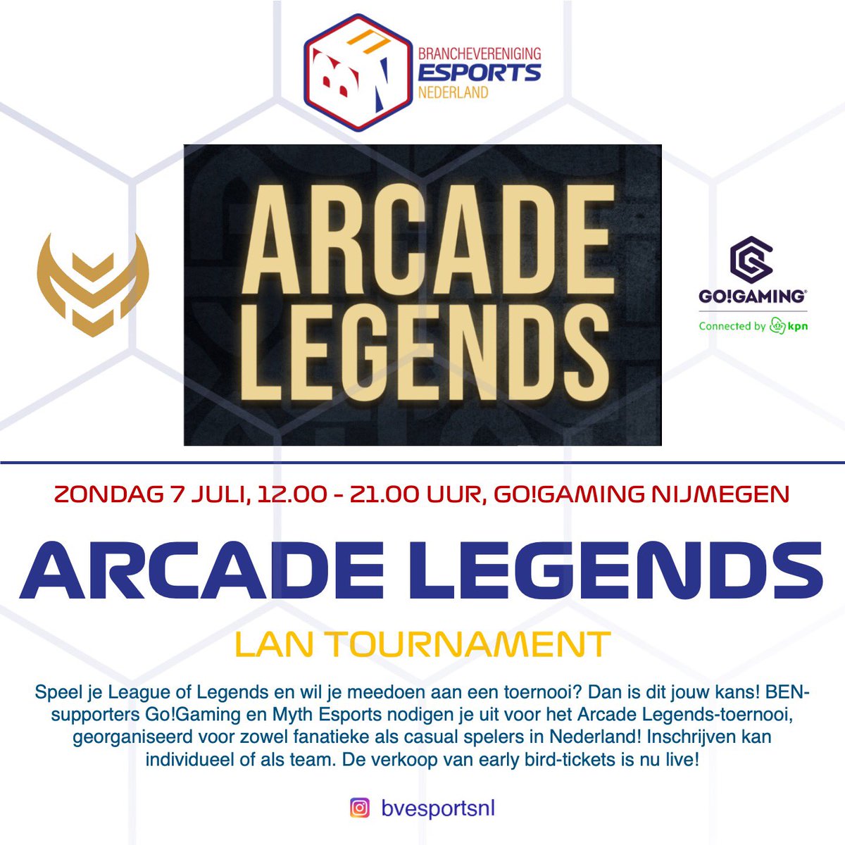 BEN-supporters <a href="/Myth_NL/">Myth Esports</a> en <a href="/GoGamingNL/">Go!Gaming</a> organiseren het League of Legends toernooi Arcade Legends. Kom spelen of spelers aanmoedigen op zondag 7 juli bij Go!Gaming Nijmegen. De early bird tickets zijn nu live. Meer info vind je hier: gogaming.gg/en/event/arcad… #leagueoflegends