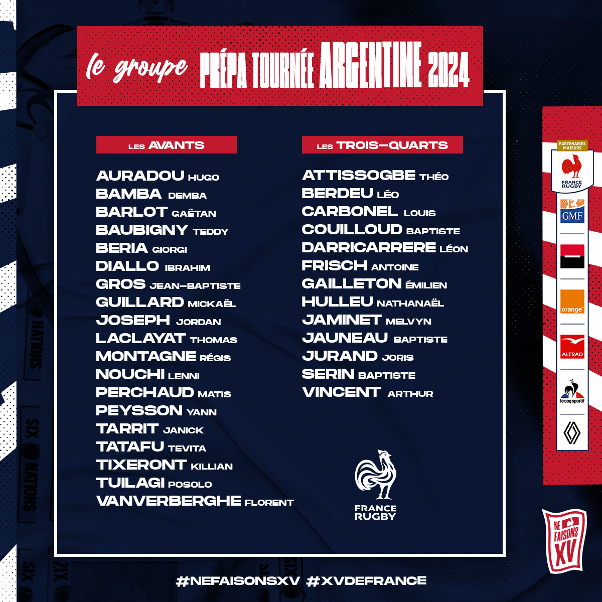 FranceRugby's tweet image. 🔜🇦🇷 Une semaine de préparation à Marcoussis ! #XVdeFrance

Les Bleus seront au CNR cette semaine afin de préparer la Tournée en Argentine, voici la liste des 32 joueurs convoqués 👇 #NeFaisonsXV