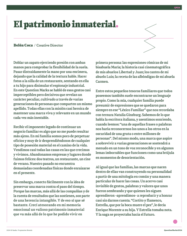 Belén Coca (@belencoca) on Twitter photo Nunca heredaré un emporio, pero algo en común tengo con aquellas personas que recogen el testigo de un negocio y una marca familiar: un patrimonio inmaterial.
Una reflexión para el White Paper de Question Marks 2024, una iniciativa de la consultora Nadie en el <a href="/MadridDesignF/">Madrid Design Festival</a>. Nunca heredaré un emporio, pero algo en común tengo con aquellas personas que recogen el testigo de un negocio y una marca familiar: un patrimonio inmaterial.
Una reflexión para el White Paper de Question Marks 2024, una iniciativa de la consultora Nadie en el <a href="/MadridDesignF/">Madrid Design Festival</a>.