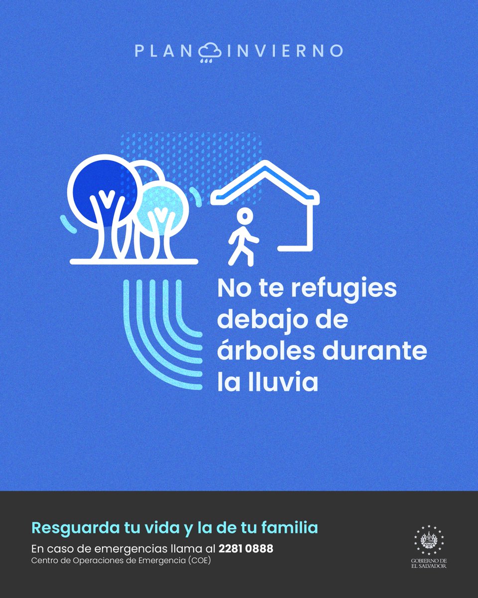 MedioAmbienteSV's tweet image. No te refugies debajo de árboles durante la lluvia, ni intentes cruzar ríos o quebradas. Tu seguridad es lo más importante en esta 🔴Alerta Roja.

#PlanInvierno2024