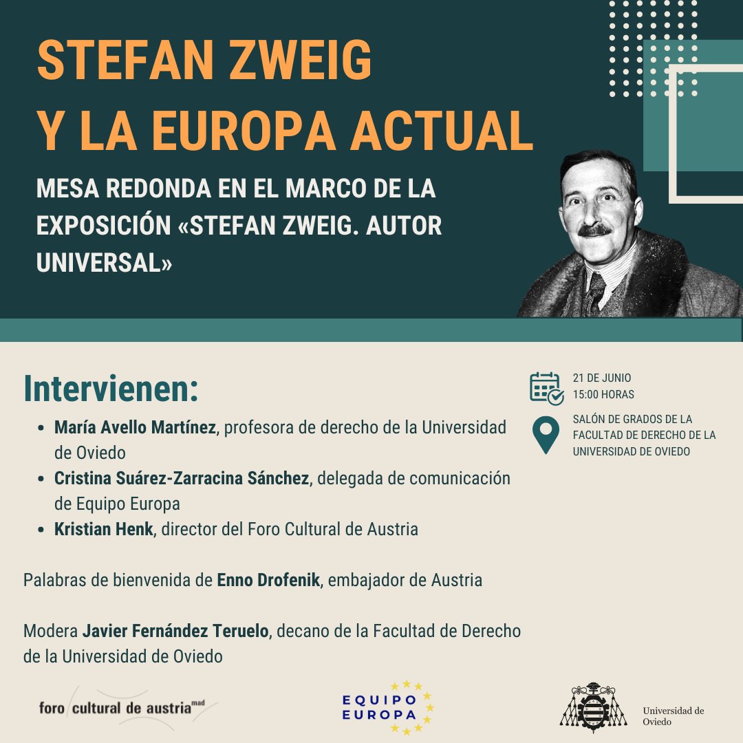 📢 La <a href="/ClinicaJuridUO/">Clínica de la FACULTAD DE DERECHO UNIOVI</a> de <a href="/uniovi_info/">Universidad Oviedo</a> acoge el 21/06 una mesa redonda titulada «Stefan Zweig y la Europa actual» ✒️, con María Avello, Cristina Suárez-Zarracina (<a href="/Equipo_Europa/">Equipo Europa</a>) y <a href="/HenkKristian/">Kristian Henk</a> 🗣️ Hablaremos del legado del escritor del mundo de ayer en nuestro mundo de hoy 🌐📖