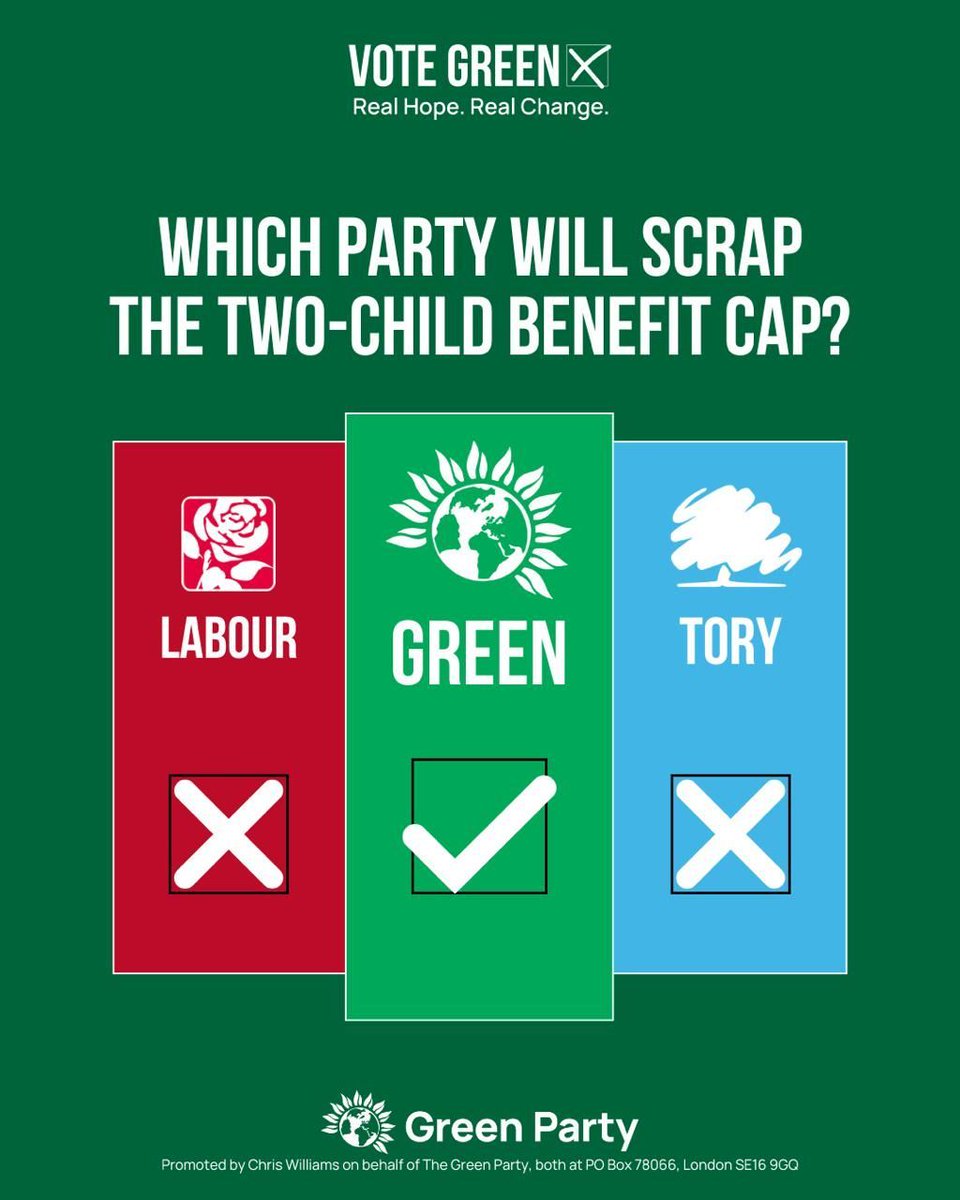 Today, the Green Party urges the Labour Party to show real strength in joining us in pledging to scrap the two-child benefit cap.

This decision could lift 250,000 children out of poverty.

Elected Green MPs will not let this rest.