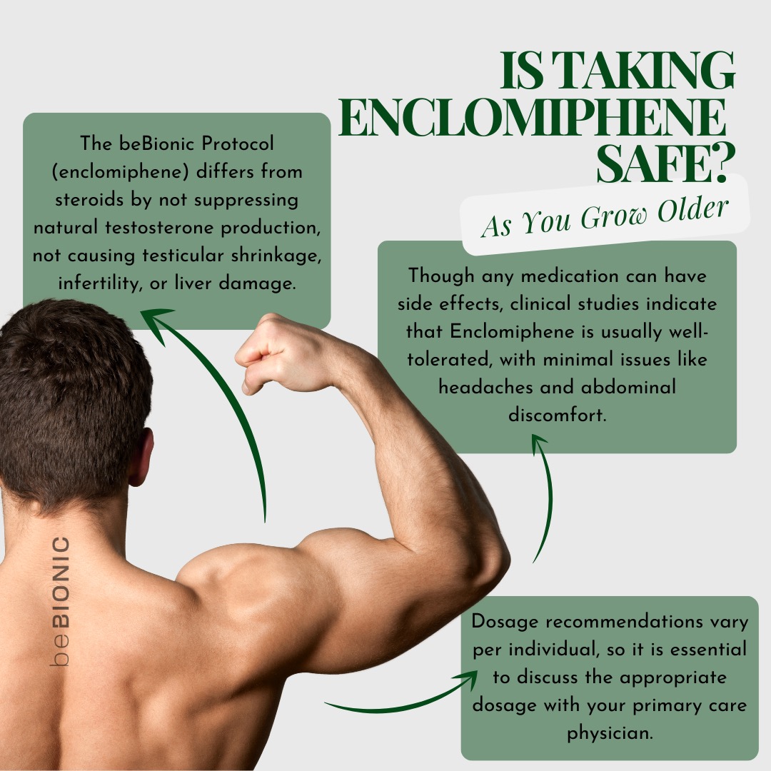 Is Enclomiphene safe? At BeBionic in Lutz, FL, our protocol boosts testosterone without the downsides of steroids. No testicular shrinkage, infertility, or liver damage. Clinical studies show it's well-tolerated. Discuss your dosage with us today! #BeBionic #Lutz #Tampa