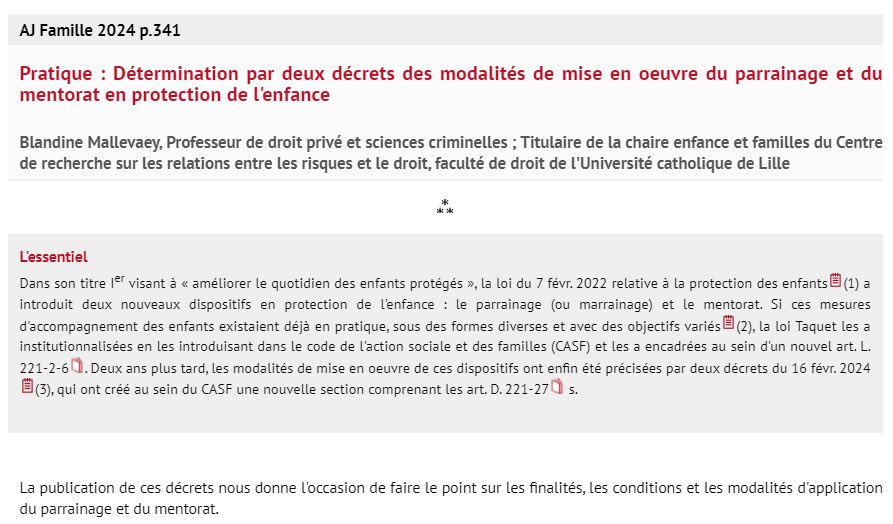 Blandine Mallevaey (@bmallevaey) on Twitter photo Au sein du dernier numéro (très riche !) de la revue AJ Famille <a href="/Dalloz/">Editions Dalloz</a>, j’ai le plaisir de signer une contribution qui fait le point sur le parrainage et le mentorat en protection de l’enfance, à l’aune des 2 décrets du 16 février 2024 : Au sein du dernier numéro (très riche !) de la revue AJ Famille <a href="/Dalloz/">Editions Dalloz</a>, j’ai le plaisir de signer une contribution qui fait le point sur le parrainage et le mentorat en protection de l’enfance, à l’aune des 2 décrets du 16 février 2024 :