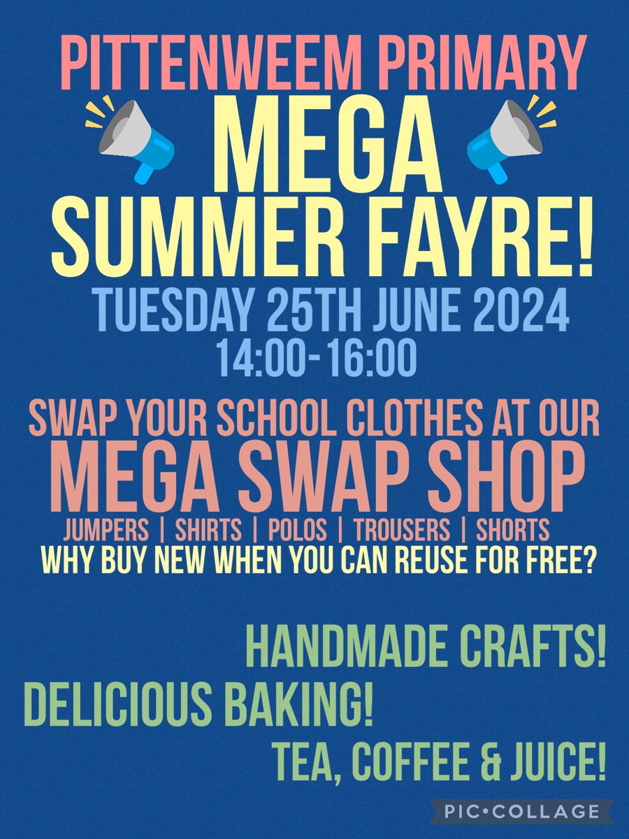 Come along to our Mega Summer Fayre! 

We have lots on offer - handmade crafts, homemade baking and tea &amp; coffee!

Our Swap Shop will also be open - come along to get some new school uniform for next year! 

We will be open between 14:00 &amp; 16:00 on Tuesday 25th June!