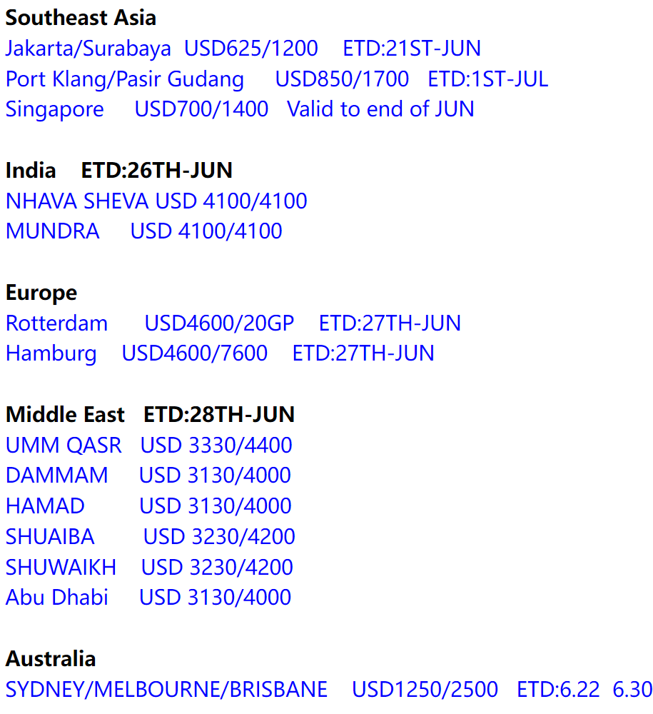 Hi Friends,

We are please to update following ocean rate from Shanghai,China. Looking forward your nice inquiry.
