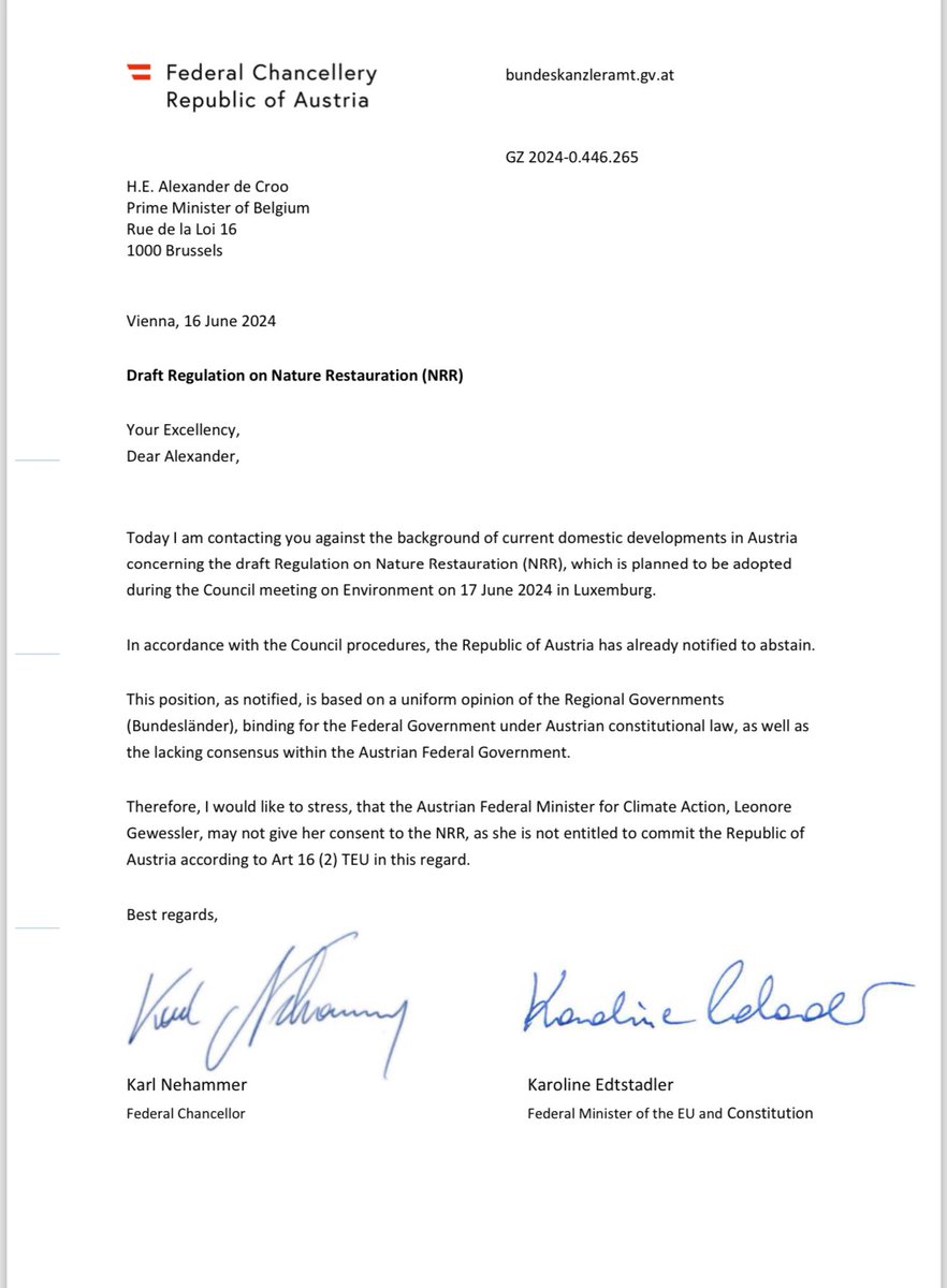 Extraordinary: Austrian Chancellor Karl Nehammer says Climate Minister Leonore Gewessler was not “entitled” to vote in favour of the Nature Restoration Law and was asked to abstain due to “lack of consensus” in the coalition.

But Gewessler, who is Green, voted in favour today.